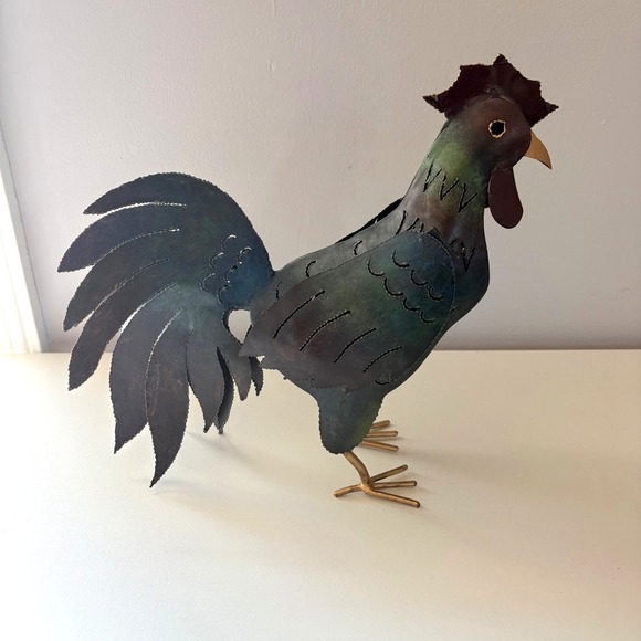Other - Rooster Tin Folk Art Rustic Farmhouse Country Figurine  13.5" Tall Green Gold